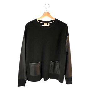 BOSS Women’s Black Wool Sweater Faux Leather Sleeves Sz M Minimalist Capsule